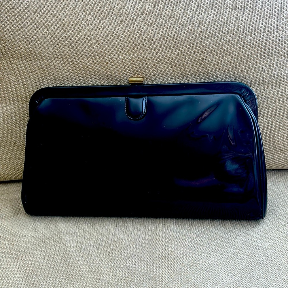 Vintage Black Vinyl Clutch Goldtone closure & attached coin purse and bill pouch